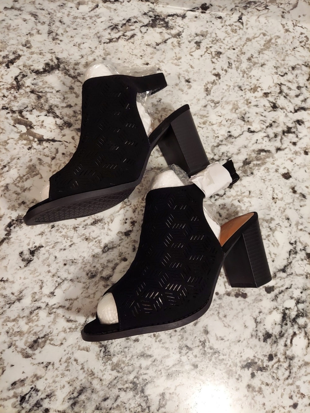 Black Laser-Cut Peep Toe Block Heel Slingback